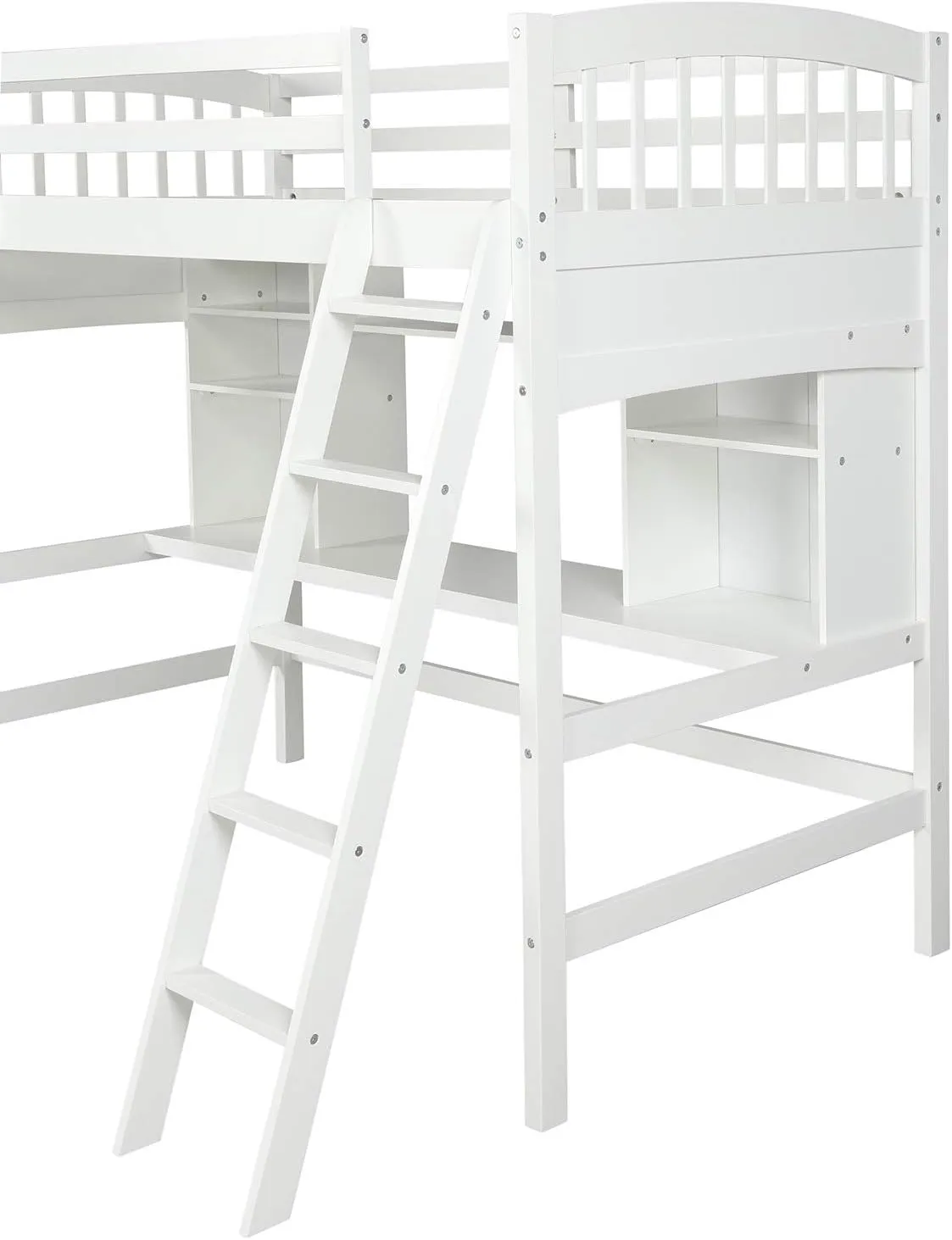 Merax Twin Loft Bed with Desk, Solid Wood Twin Size Loft Bed Frame with Shelves, White
