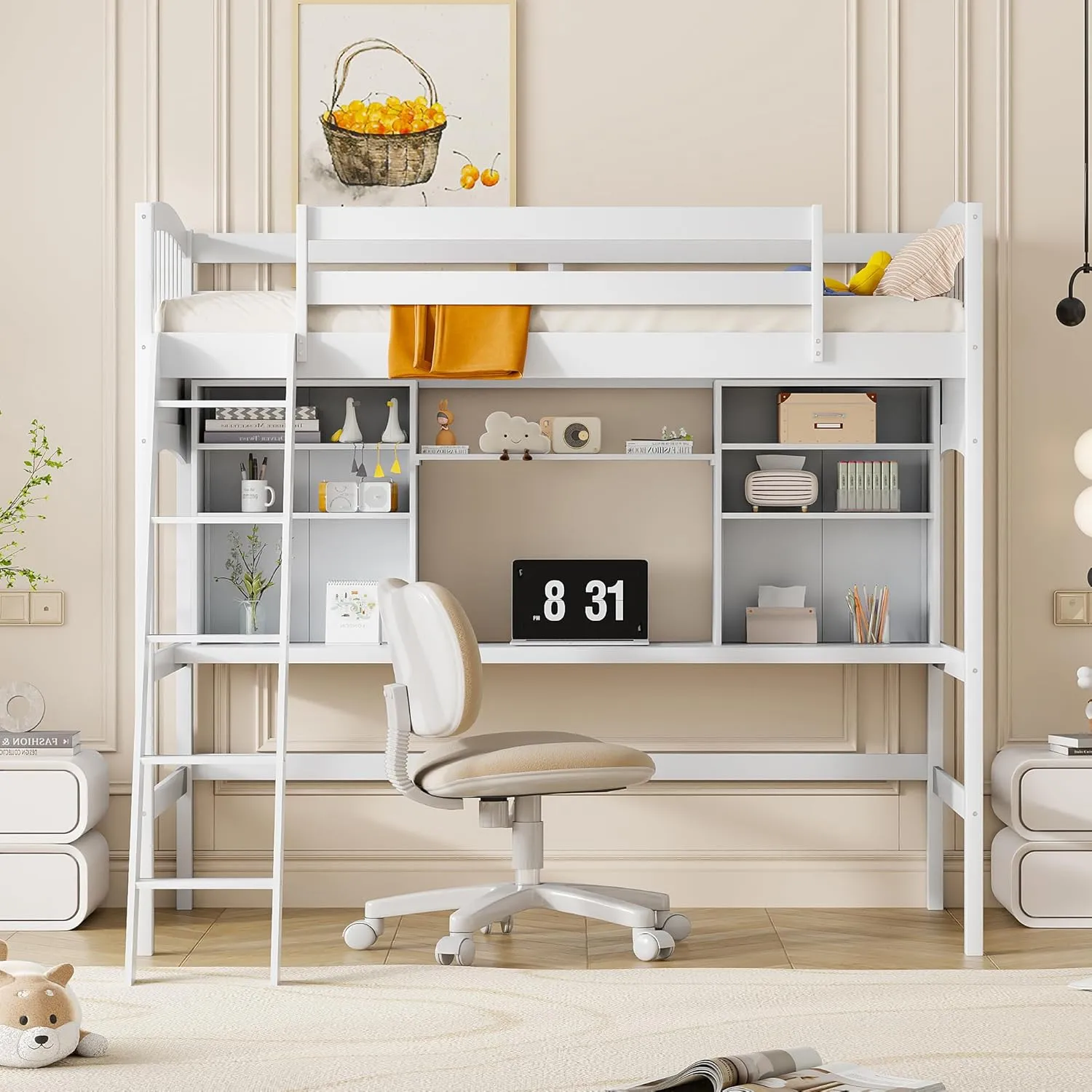 Merax Twin Loft Bed with Desk, Solid Wood Twin Size Loft Bed Frame with Shelves, White