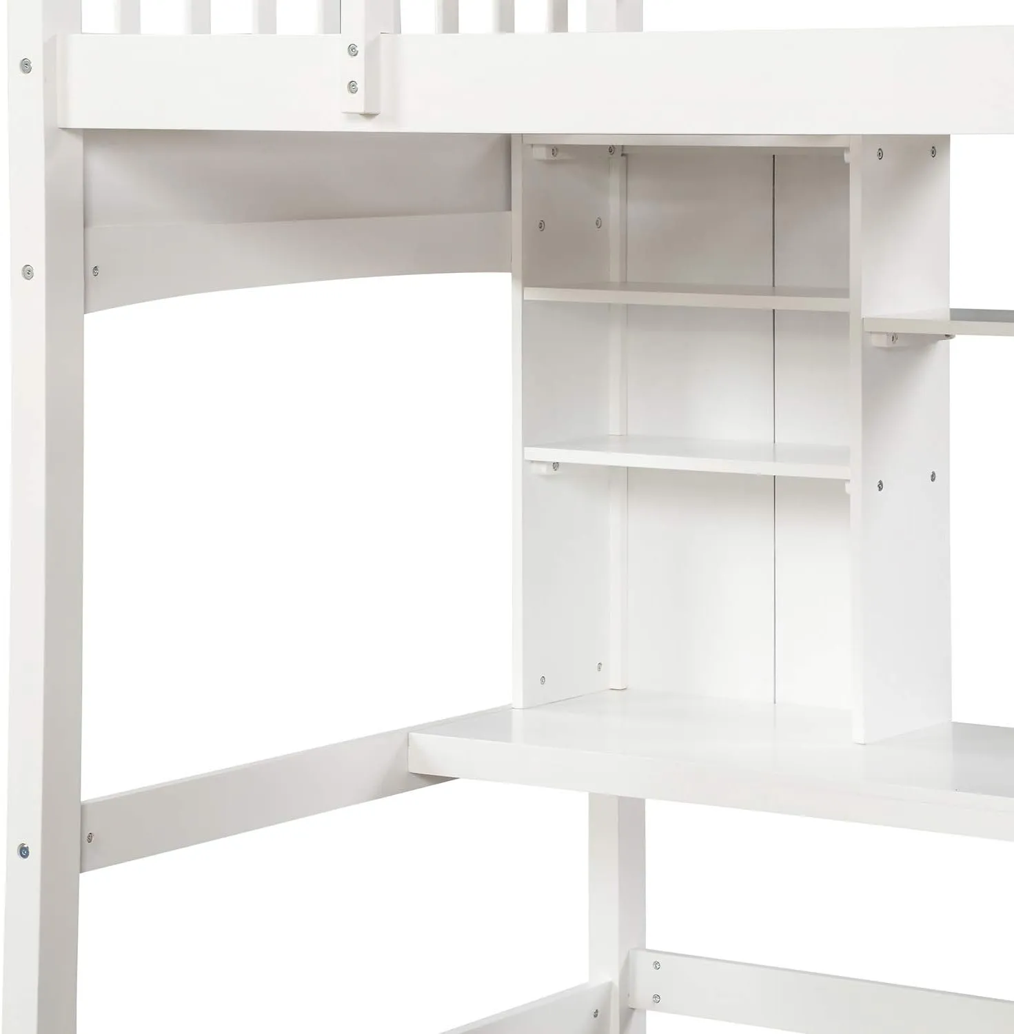 Merax Twin Loft Bed with Desk, Solid Wood Twin Size Loft Bed Frame with Shelves, White