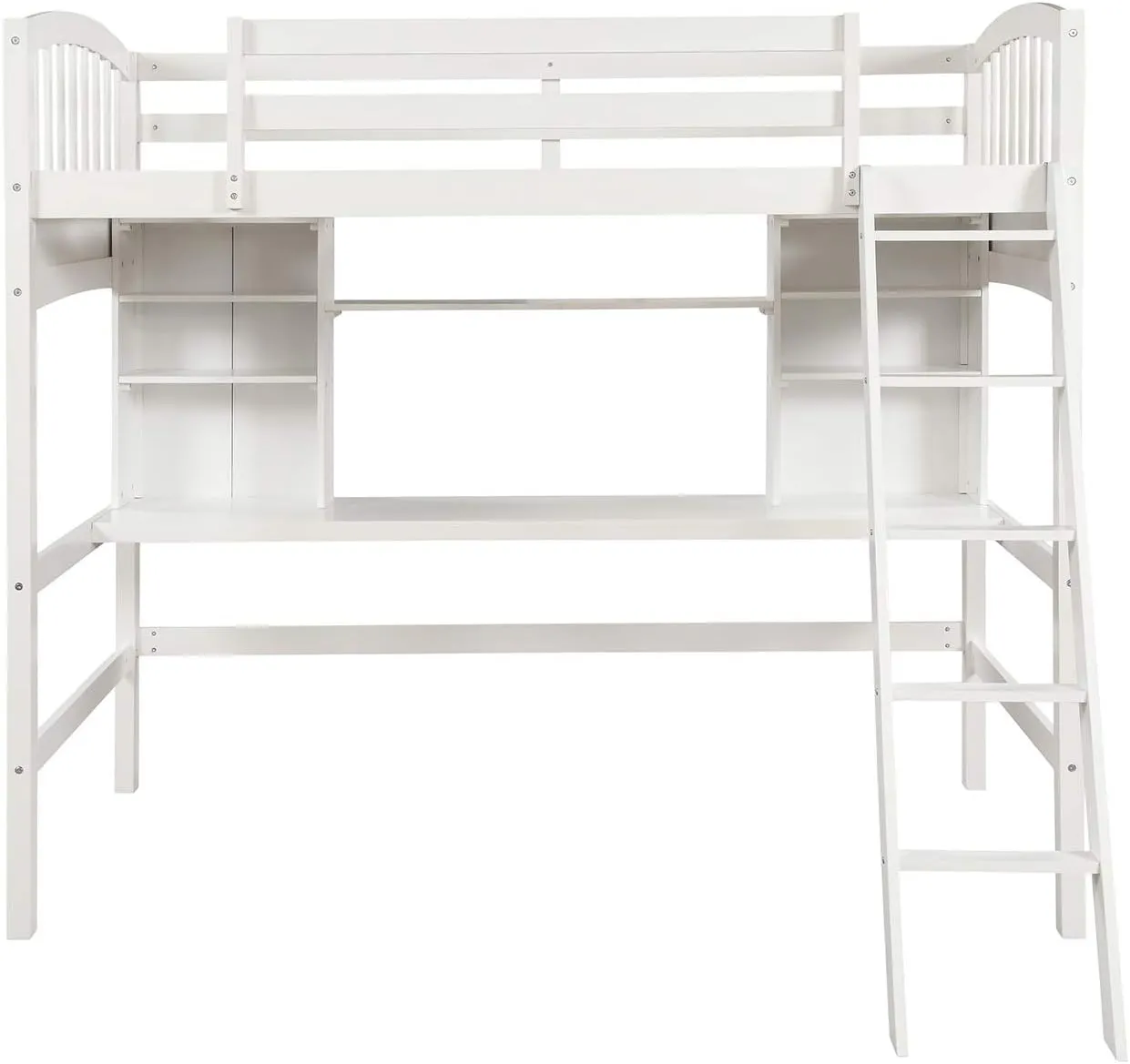 Merax Twin Loft Bed with Desk, Solid Wood Twin Size Loft Bed Frame with Shelves, White