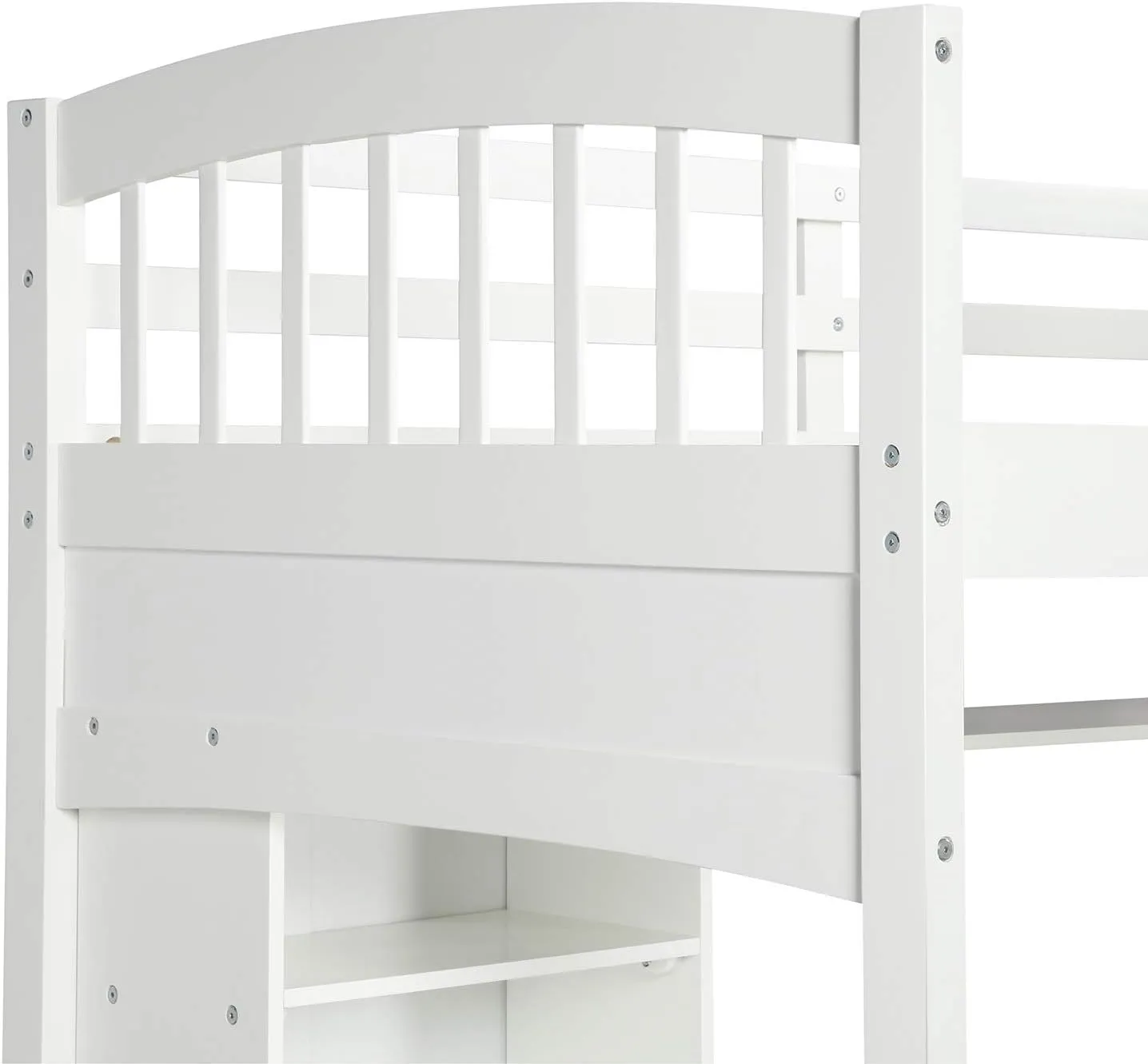 Merax Twin Loft Bed with Desk, Solid Wood Twin Size Loft Bed Frame with Shelves, White