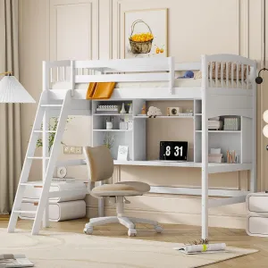 Merax Twin Loft Bed with Desk, Solid Wood Twin Size Loft Bed Frame with Shelves, White