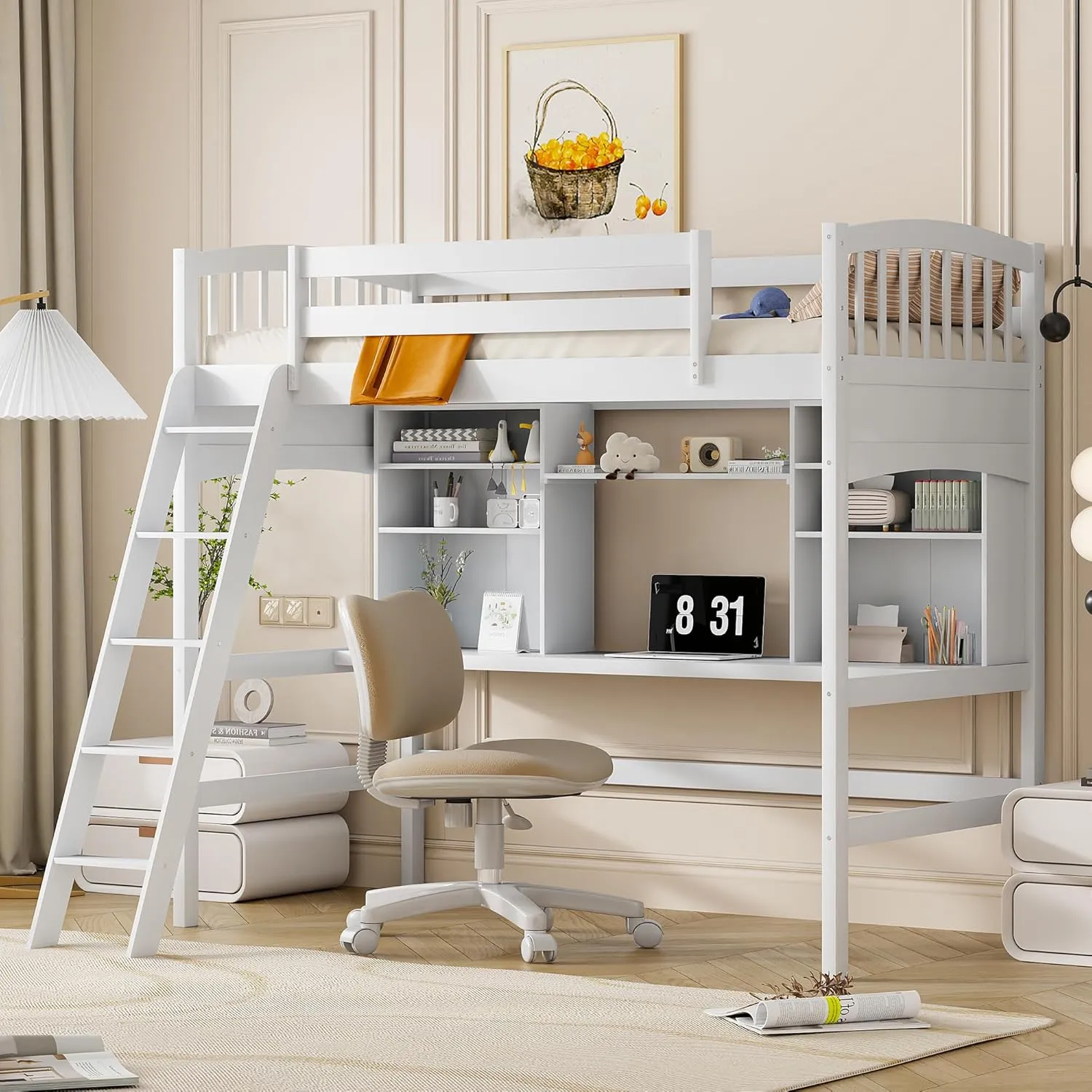 Merax Twin Loft Bed with Desk, Solid Wood Twin Size Loft Bed Frame with Shelves, White