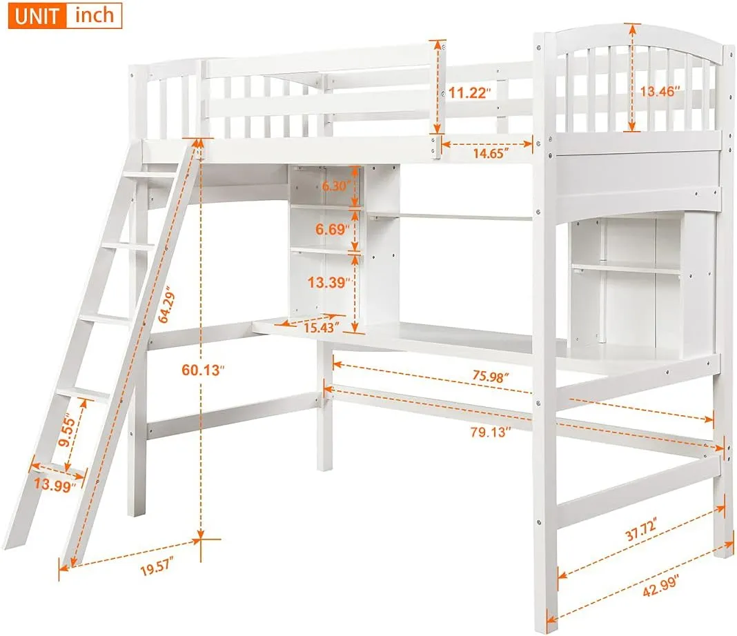 Merax Twin Loft Bed with Desk, Solid Wood Twin Size Loft Bed Frame with Shelves, White