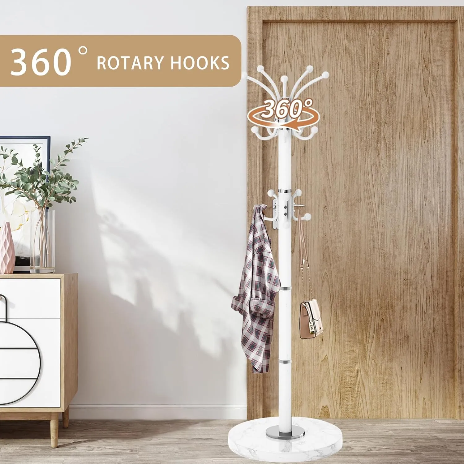 Metal Heavy Duty Coat Rack Stand, Modern 360° Roraty Freestanding Coat Rack with Natural Marble Base, White Coat Racks Hall Tree Hanger Stand with 16 Hooks for Entryway, Office