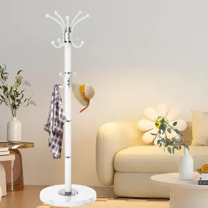 Metal Heavy Duty Coat Rack Stand, Modern 360° Roraty Freestanding Coat Rack with Natural Marble Base, White Coat Racks Hall Tree Hanger Stand with 16 Hooks for Entryway, Office