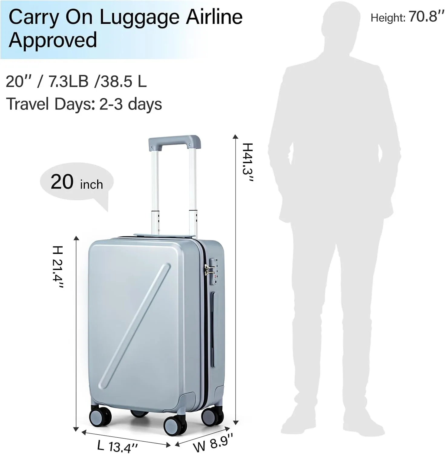 MILADA Luggage Carry On Luggage 22x14x9 Airline Approved 20 Inch Carry On Suitcase Hard Shell Suitcases with Wheels Carry on Bag Travel Luggage with TSA Lock,Grey