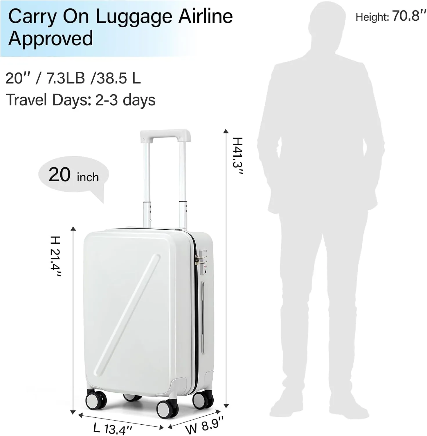 MILADA Luggage Carry On Luggage 22x14x9 Airline Approved 20 Inch Carry On Suitcase Hard Shell Suitcases with Wheels Carry on Bag Travel Luggage with TSA Lock,White