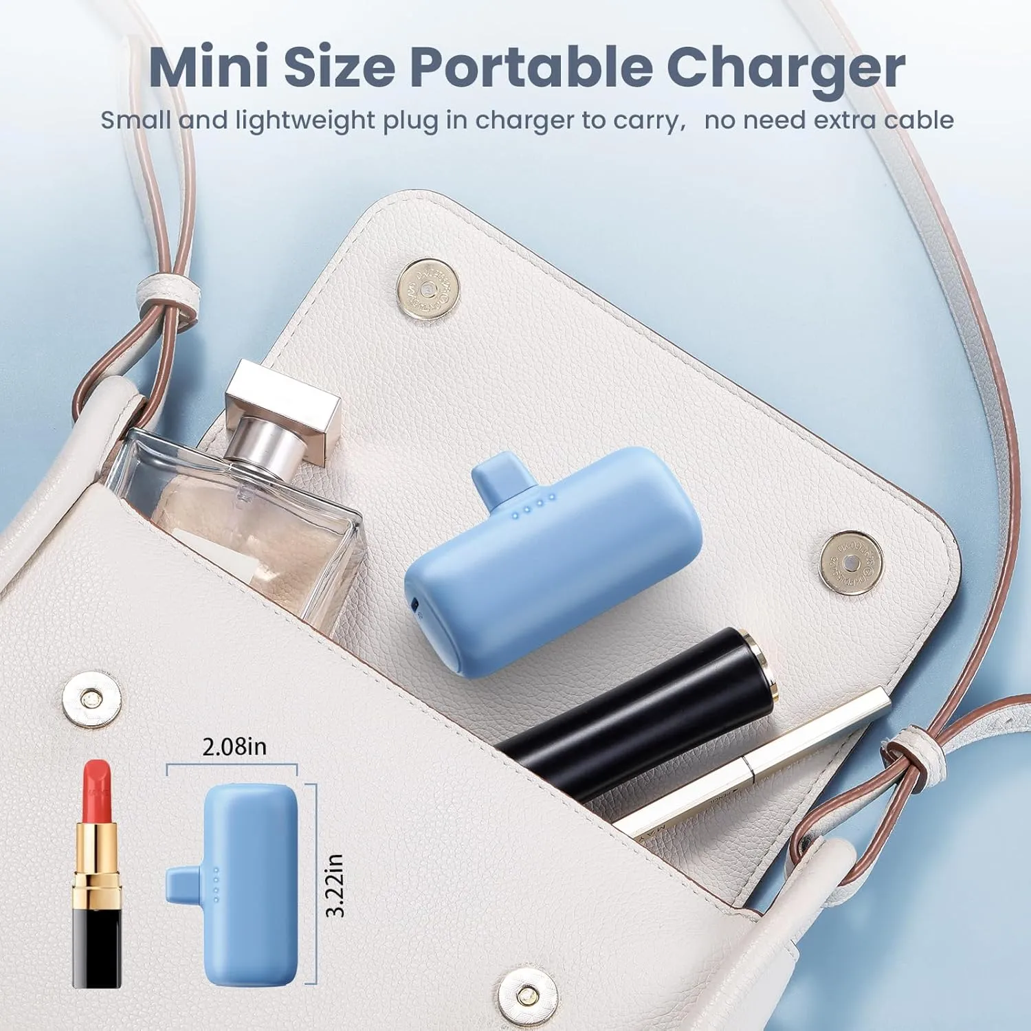 Mini Portable Charger USB-C Power Bank, 5200mAh Portable Phone Charger, Compact Plug in Battery Pack Compatible with iPhone 16/16Plus/15/15Plus/15Pro Max Samsung S23 Moto iPad Android Phone-Pale Blue