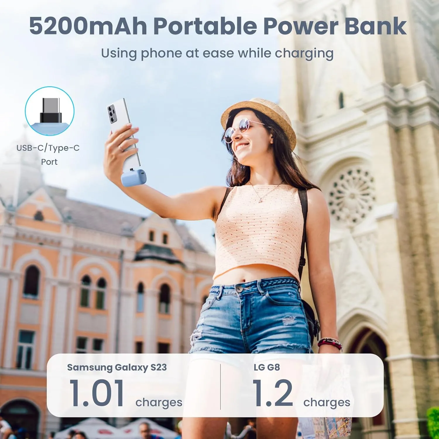 Mini Portable Charger USB-C Power Bank, 5200mAh Portable Phone Charger, Compact Plug in Battery Pack Compatible with iPhone 16/16Plus/15/15Plus/15Pro Max Samsung S23 Moto iPad Android Phone-Pale Blue
