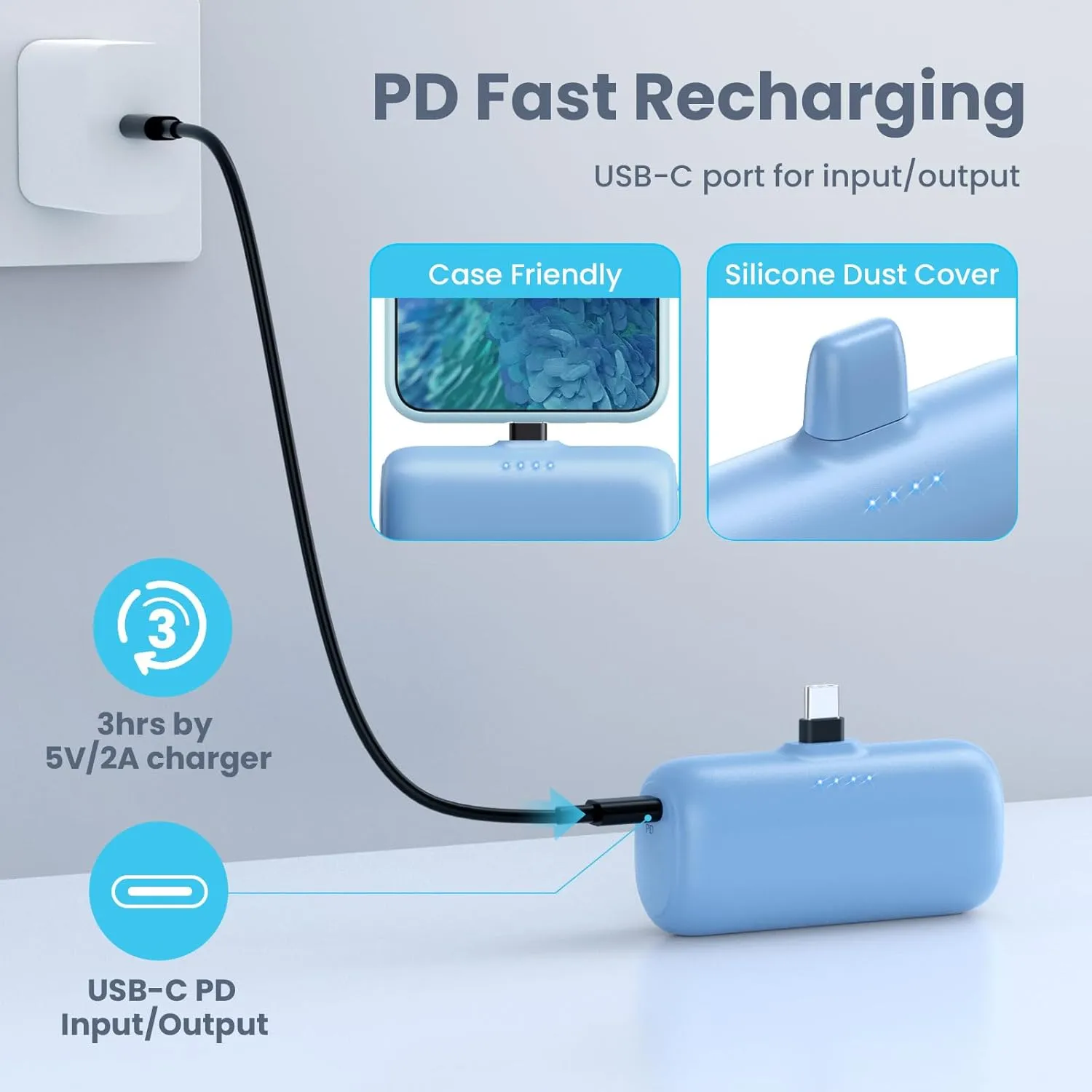 Mini Portable Charger USB-C Power Bank, 5200mAh Portable Phone Charger, Compact Plug in Battery Pack Compatible with iPhone 16/16Plus/15/15Plus/15Pro Max Samsung S23 Moto iPad Android Phone-Pale Blue