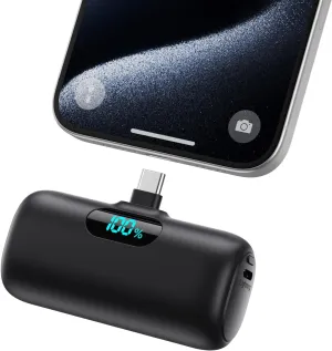 Mini Portable Charger USB C Power Bank,Upgraded 5000mAh PD Fast Charging Battery Pack Built-in USB-C Connector,LCD Display,Compatible with iPhone16,16 Plus,16Pro/Max/15,iPad Pro/Air,Android Phone etc