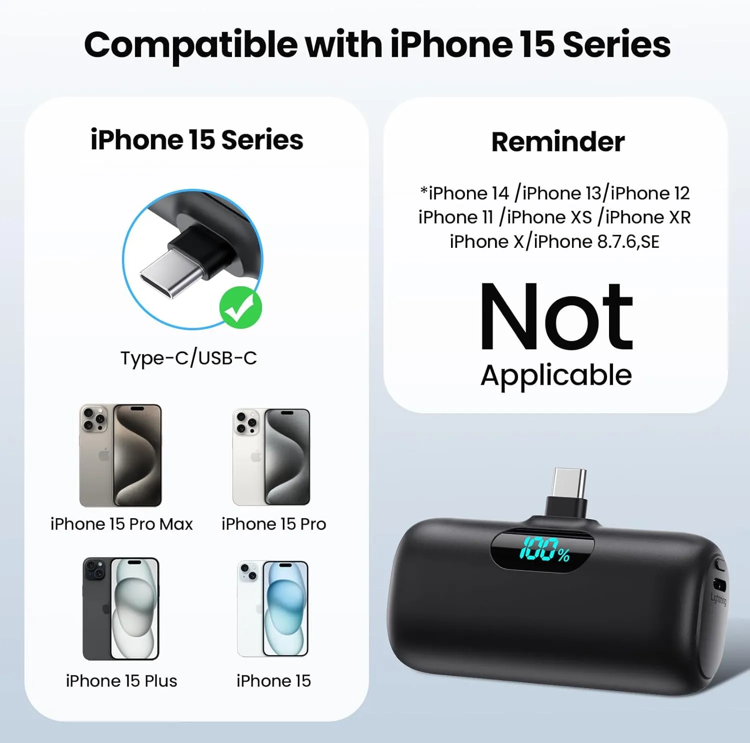 Mini Portable Charger USB C Power Bank,Upgraded 5000mAh PD Fast Charging Battery Pack Built-in USB-C Connector,LCD Display,Compatible with iPhone16,16 Plus,16Pro/Max/15,iPad Pro/Air,Android Phone etc
