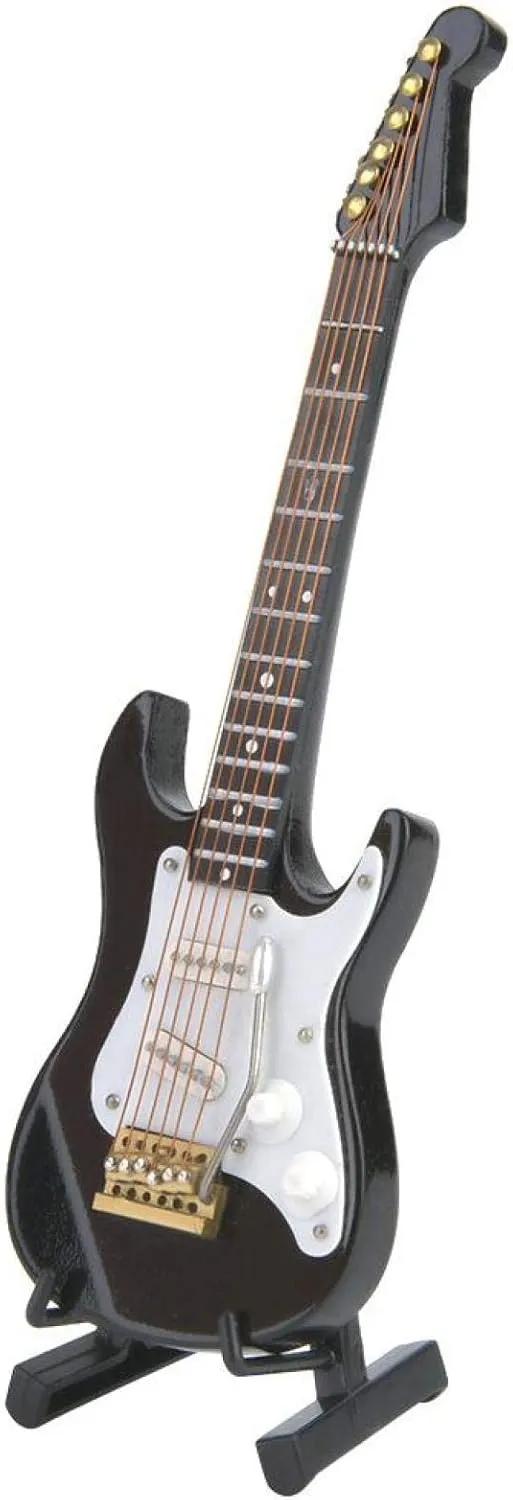 Miniature Wooden Mini Guitar Model Display, Musical Instrument Miniature Dollhouse Model Home Decoration, 5.5In Electric Guitar DécorDollhouse Accessories (Black)