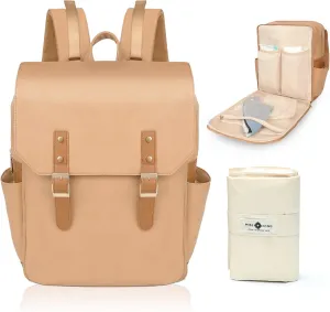 miss fong Leather Diaper Bag Backpack, Baby Diaper Bag for mom with 12 Pockets Large Capacity Baby Bag with Diaper Changing Pad and 4 Insulated Pockets(Brown)