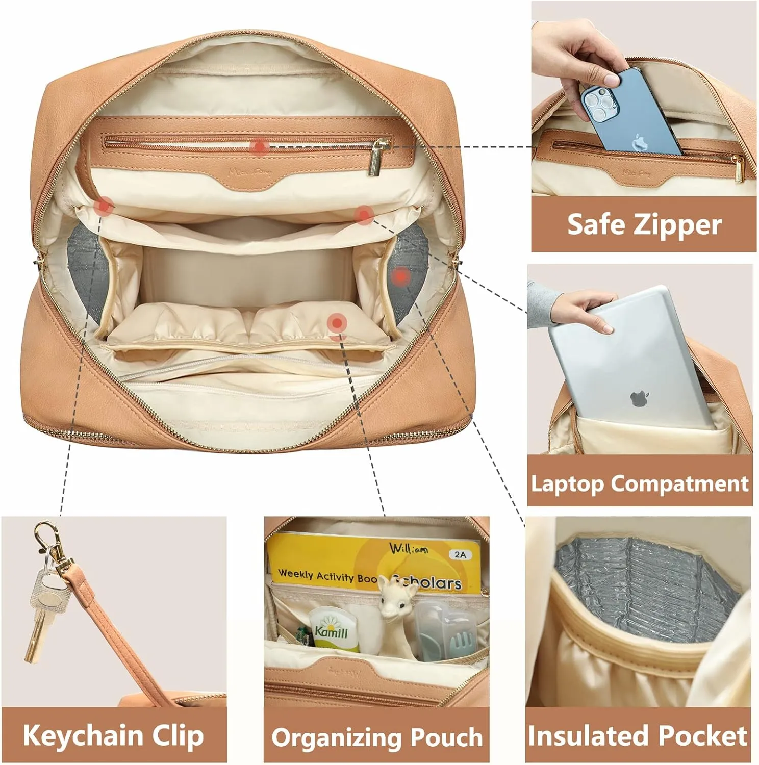 miss fong Leather Diaper Bag Backpack, Baby Diaper Bag for mom with 12 Pockets Large Capacity Baby Bag with Diaper Changing Pad and 4 Insulated Pockets(Brown)