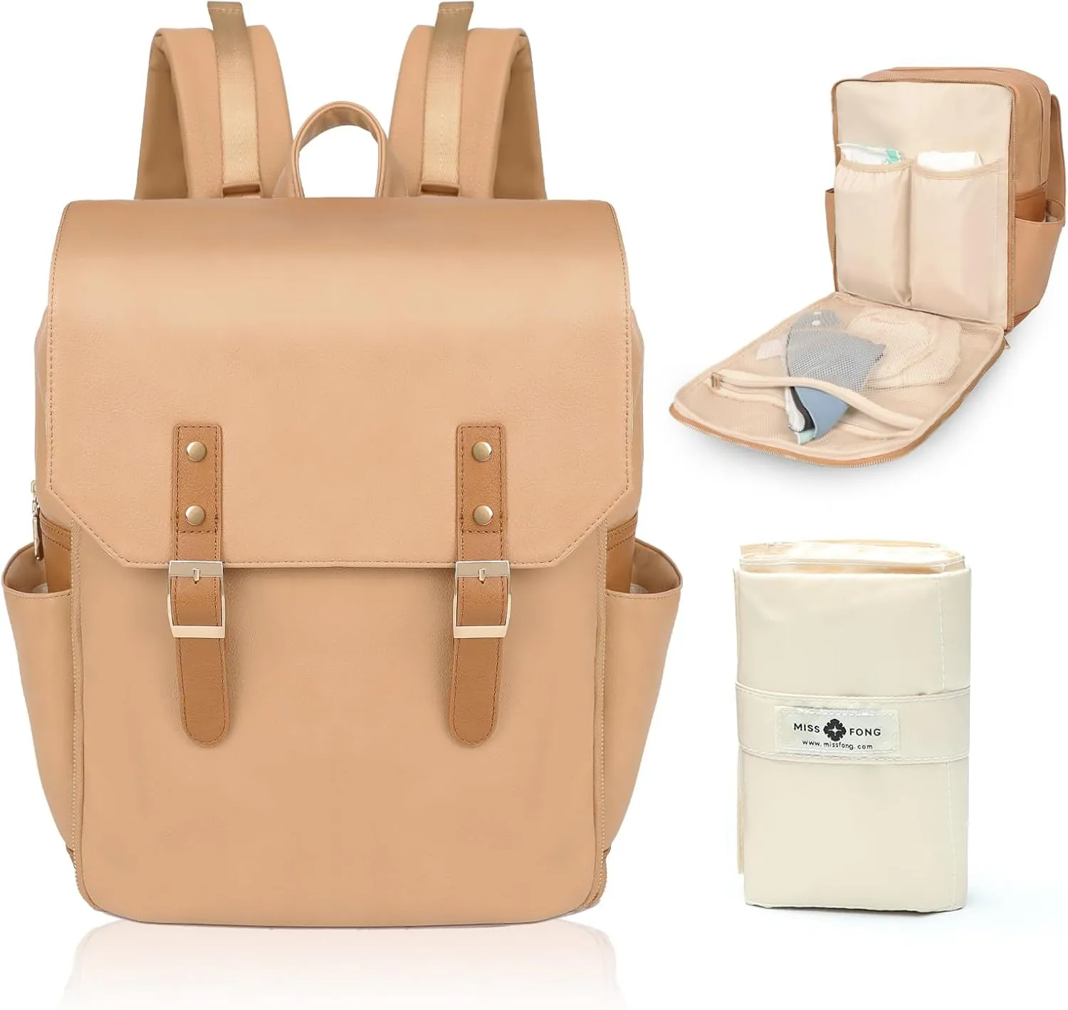 miss fong Leather Diaper Bag Backpack, Baby Diaper Bag for mom with 12 Pockets Large Capacity Baby Bag with Diaper Changing Pad and 4 Insulated Pockets(Brown)