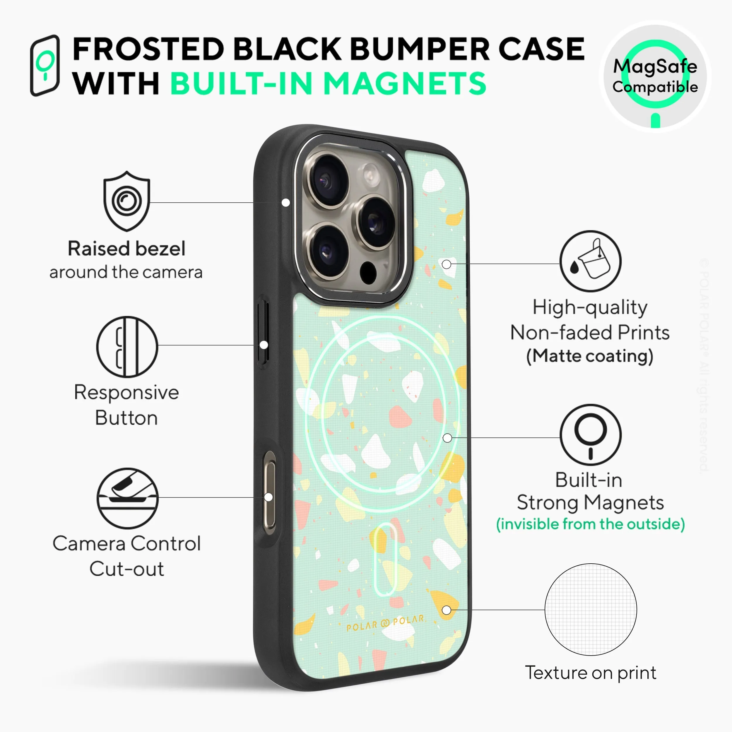 Mist Green Terrazzo - iPhone 16 Pro Frosted Black Bumper MagSafe Case