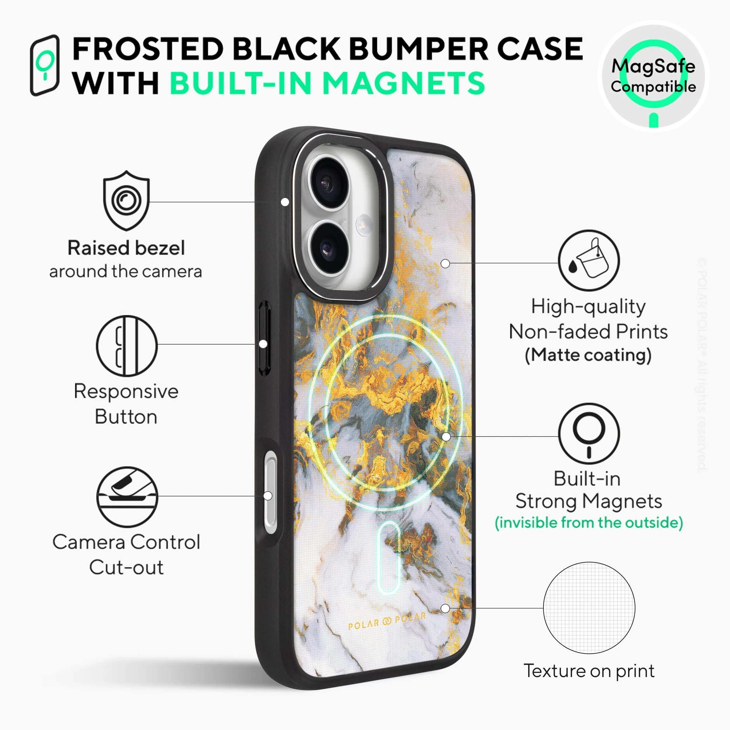 Mist Marble - iPhone 16 Plus Frosted Black Bumper MagSafe Case