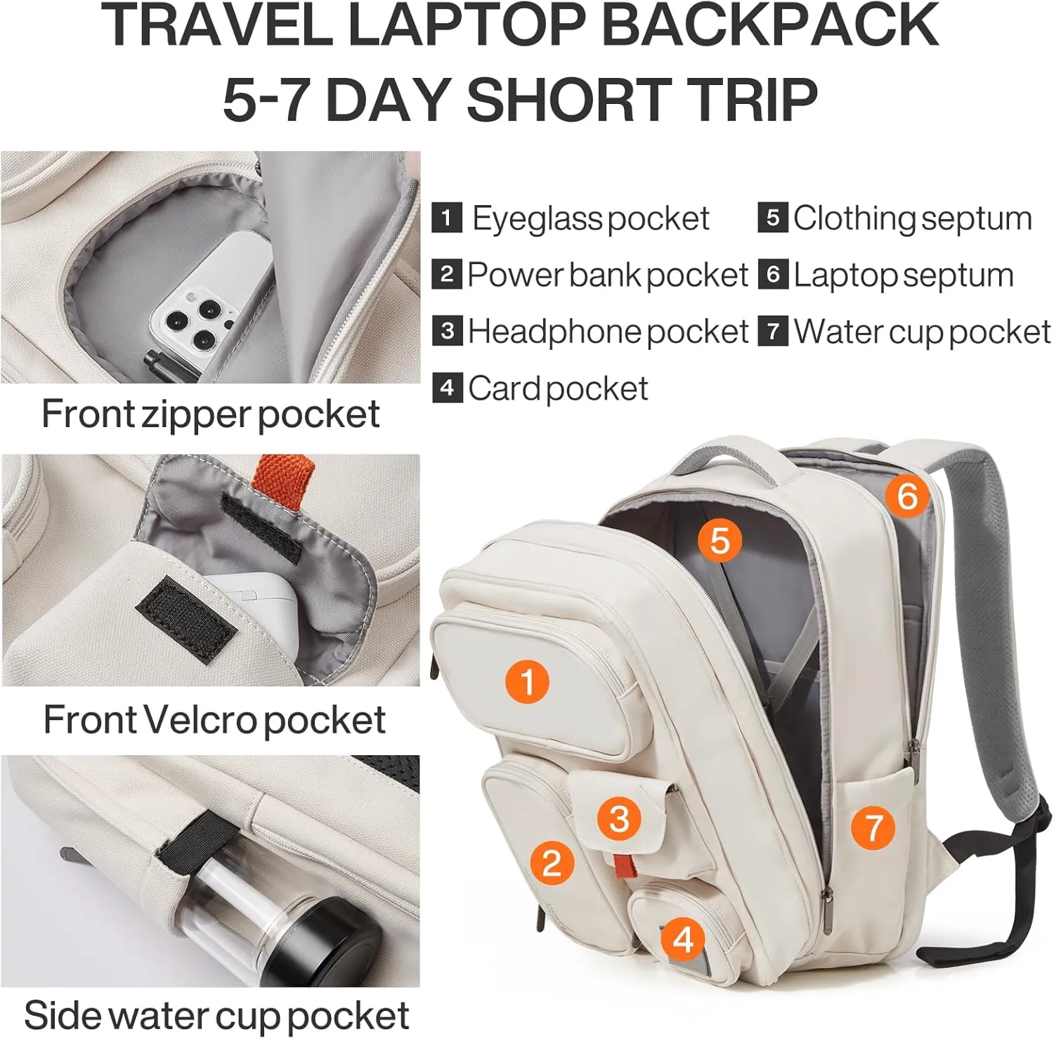 mixi Large Capacity Expandable Travel Backpack for Women & Men 15.6'' Laptop Carry On Weekender Bag Outdoor Hiking with Multifunction Pockets 180° Open Water Resistant 18 Inch 28L, Moonlight White