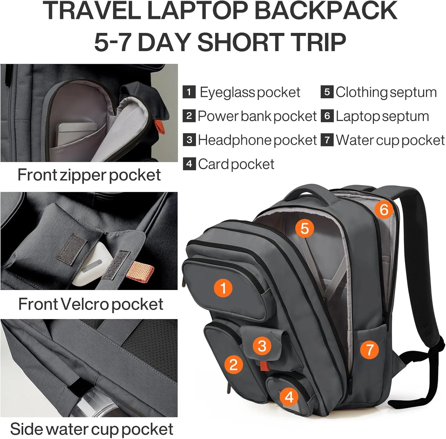 mixi Large Capacity Expandable Travel Backpack for Women & Men 15.6'' Laptop Carry On Weekender Bag Outdoor Hiking with Multifunction Pockets 180° Open Water Resistant 18 Inch 28L, Rock Gray