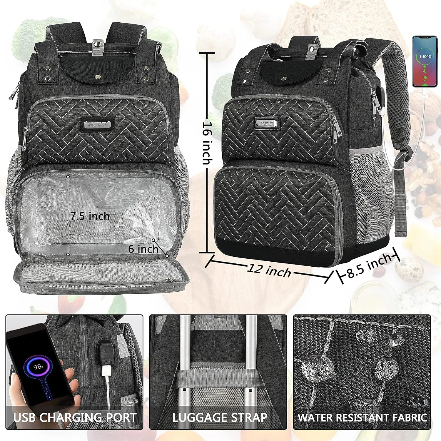 Mogplof Lunch Backpack, Backpack Lunch Bag for Women, 15.6 Inch Lunchbox Backpack with USB and RFID Pockets, Water-resistant Backpack with Lunch Compartment,Laptop lunch Bag for Work Picnic