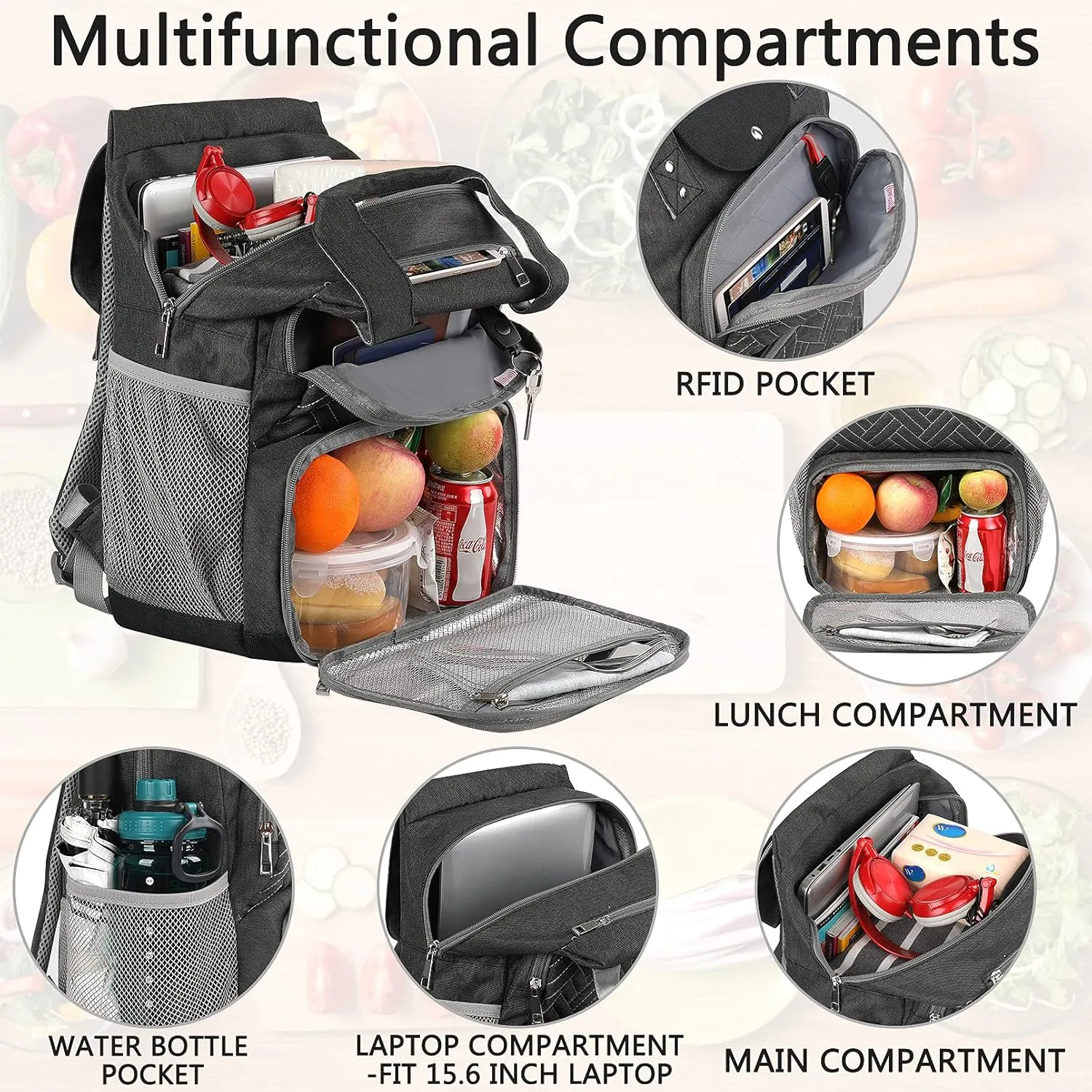 Mogplof Lunch Backpack, Backpack Lunch Bag for Women, 15.6 Inch Lunchbox Backpack with USB and RFID Pockets, Water-resistant Backpack with Lunch Compartment,Laptop lunch Bag for Work Picnic