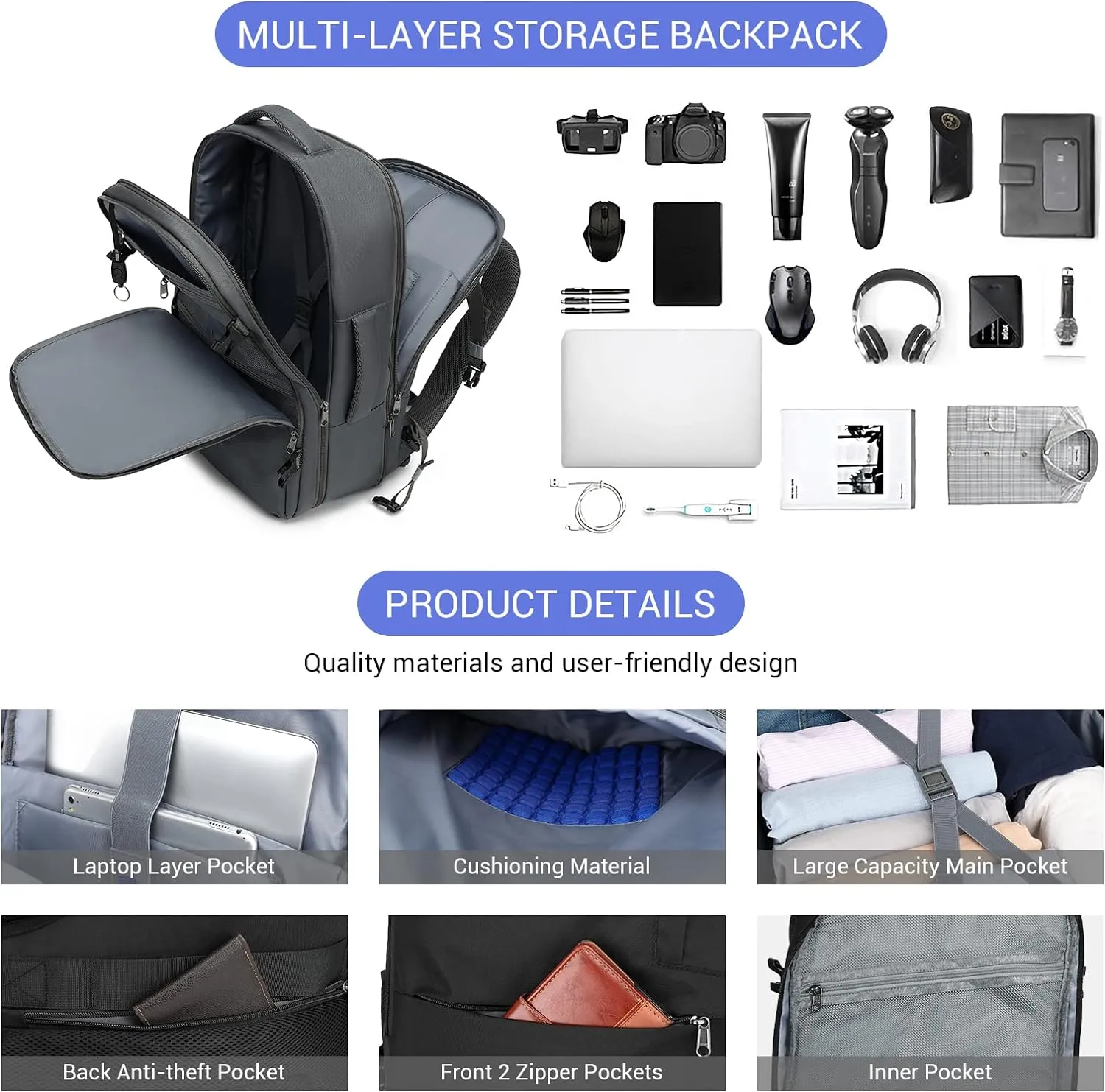 MOLNIA 50L Expandable Travel Backpack for Men Women, Carry On Backpack Airline Approved, Suitcase Backpack with Packing Cubes, Water Resistant Luggage Backpack Daypack Weekender Bag, Black
