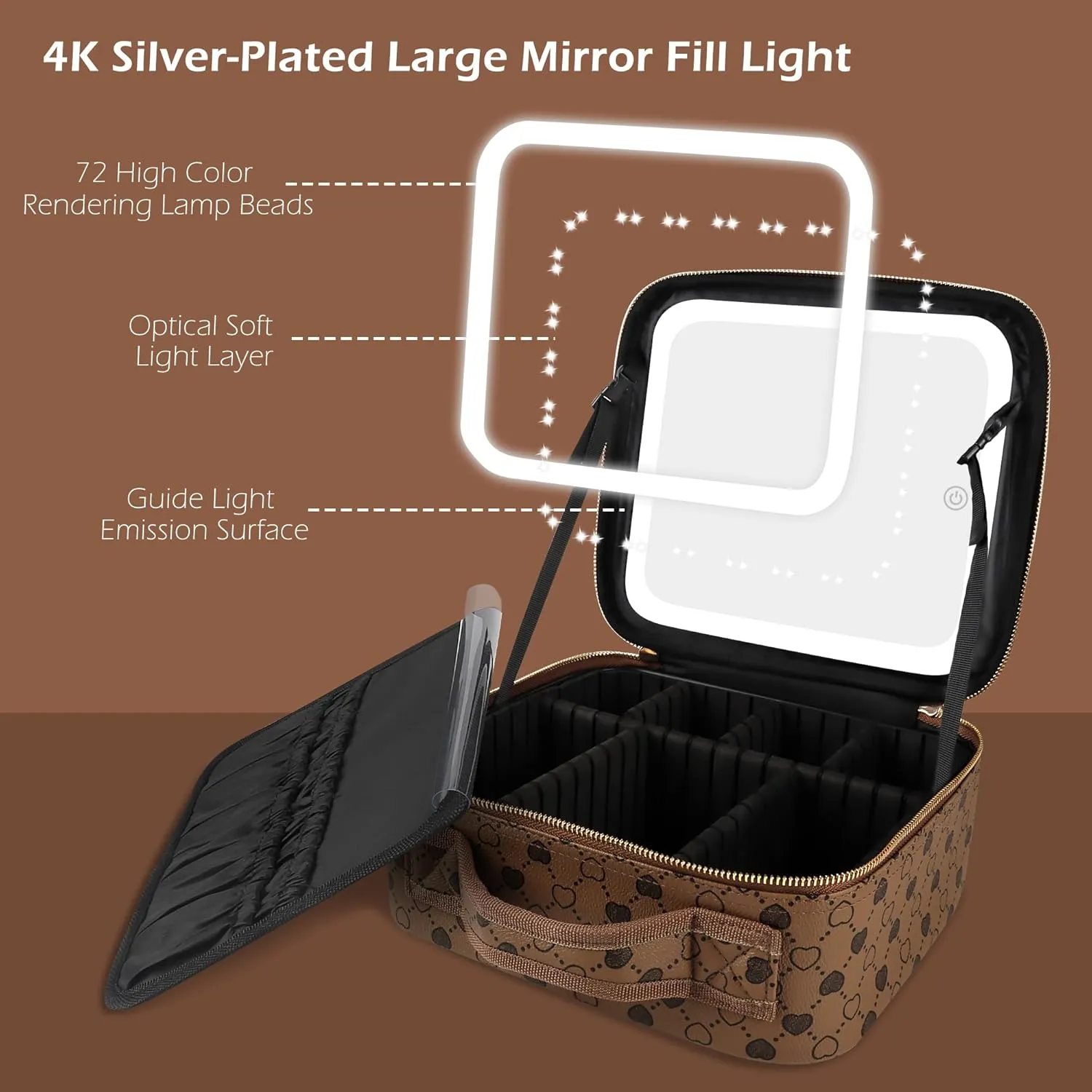 MOMIRA Travel Makeup Bag Cosmetic Bag Makeup Organizer Bag with Large Lighted Mirror 3 Color Scenarios Adjustable Brightness(Love Pattern Light Brown)