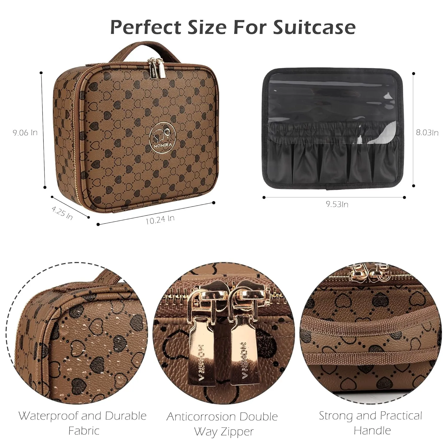 MOMIRA Travel Makeup Bag Cosmetic Bag Makeup Organizer Bag with Large Lighted Mirror 3 Color Scenarios Adjustable Brightness(Love Pattern Light Brown)