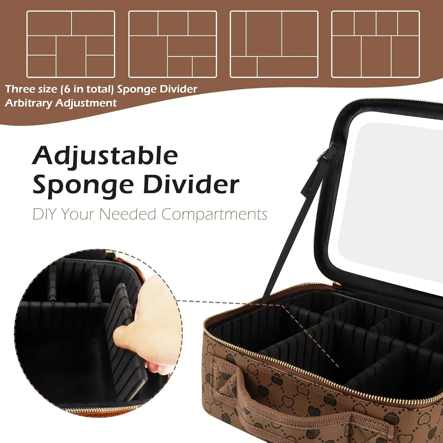 MOMIRA Travel Makeup Bag Cosmetic Bag Makeup Organizer Bag with Large Lighted Mirror 3 Color Scenarios Adjustable Brightness(Love Pattern Light Brown)