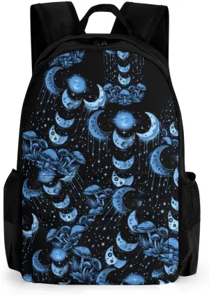 Moon Phases Mushrooms Travel Backpack Printed 17 Inch Laptop Shoulder Bag Lightweight Daypack Portable with Pockets
