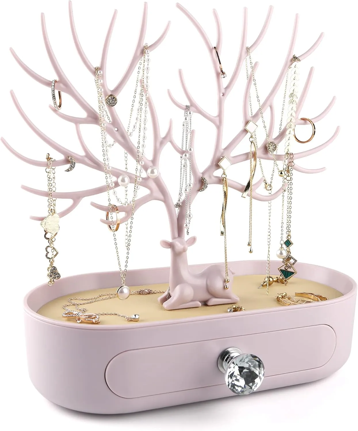 MORE&LESS Antlers Jewelry Display Stand with Drawer and Crystal Handle, Tree Tower Rack Hanging Organizer for Ring Earrings Necklace Bracelet