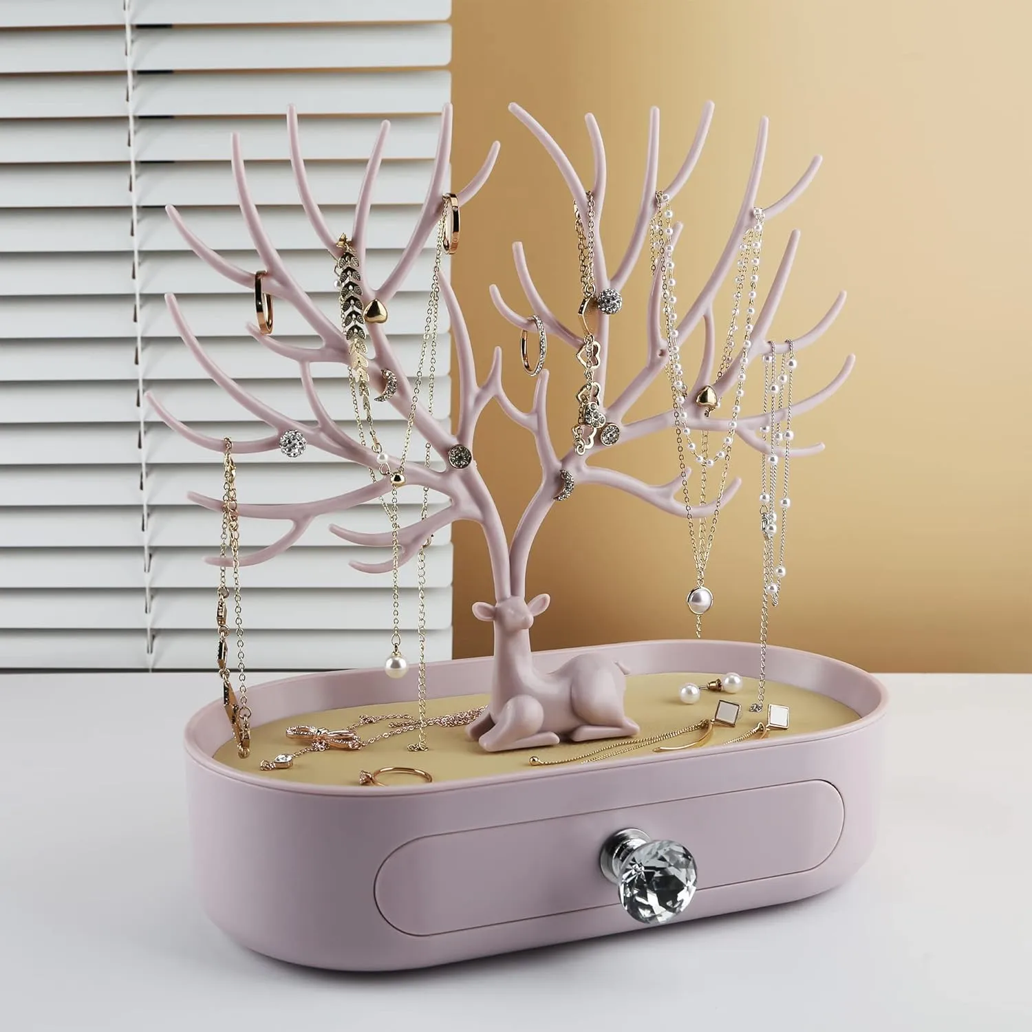 MORE&LESS Antlers Jewelry Display Stand with Drawer and Crystal Handle, Tree Tower Rack Hanging Organizer for Ring Earrings Necklace Bracelet