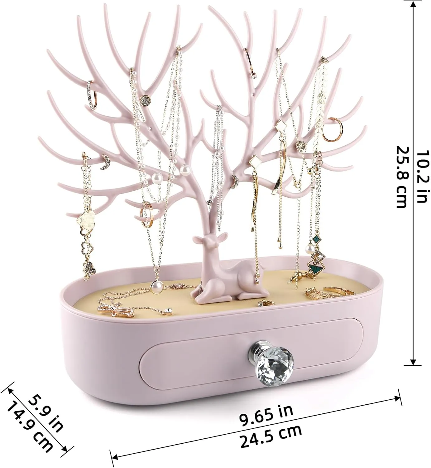 MORE&LESS Antlers Jewelry Display Stand with Drawer and Crystal Handle, Tree Tower Rack Hanging Organizer for Ring Earrings Necklace Bracelet