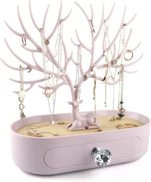 MORE&LESS Antlers Jewelry Display Stand with Drawer and Crystal Handle, Tree Tower Rack Hanging Organizer for Ring Earrings Necklace Bracelet