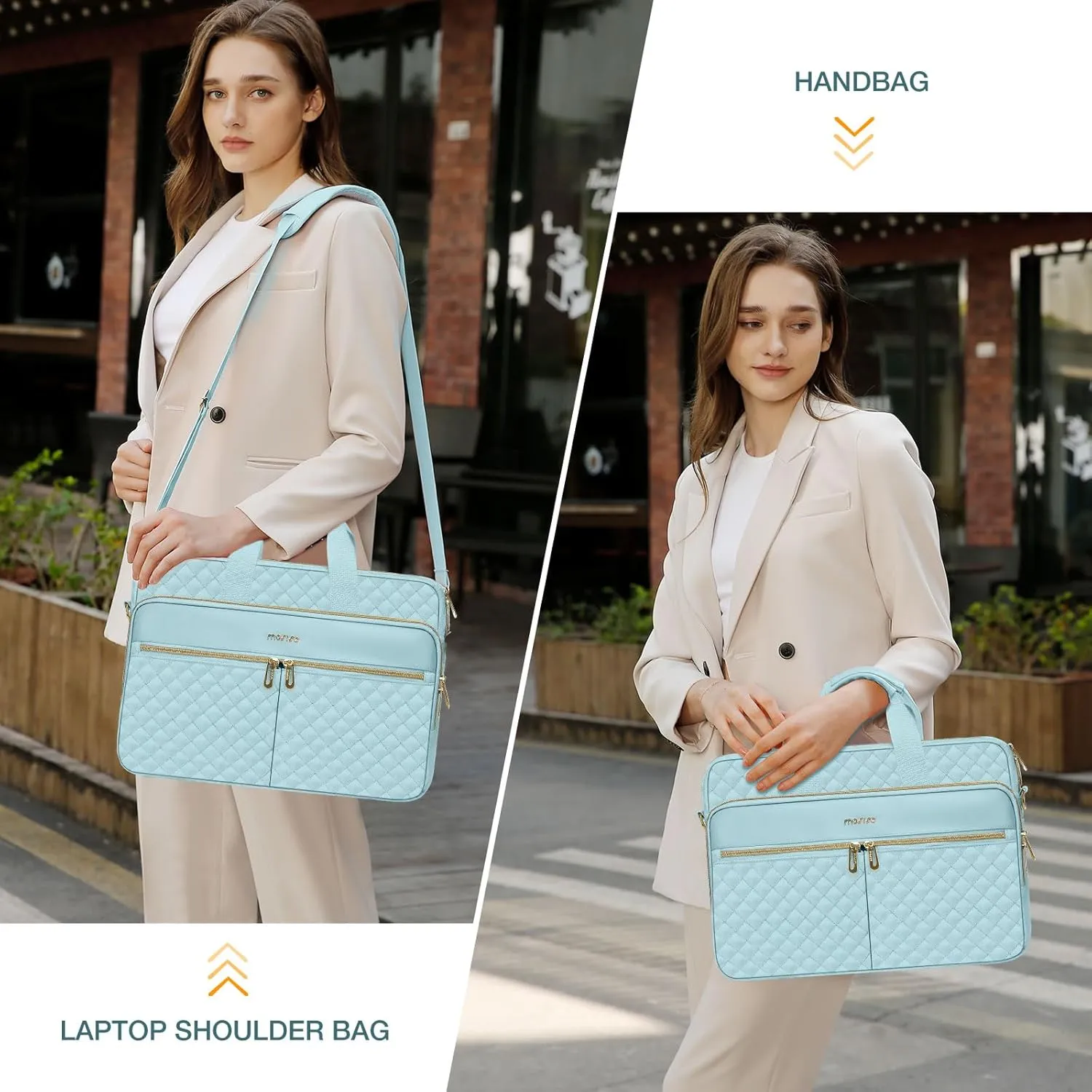 MOSISO 13-13.3 inch Laptop Bag, Briefcase for Women&Men, 14 inch Square Quilted Computer Messenger Bag Office Travel Business with 3 Pockets&Strap, Ice Blue