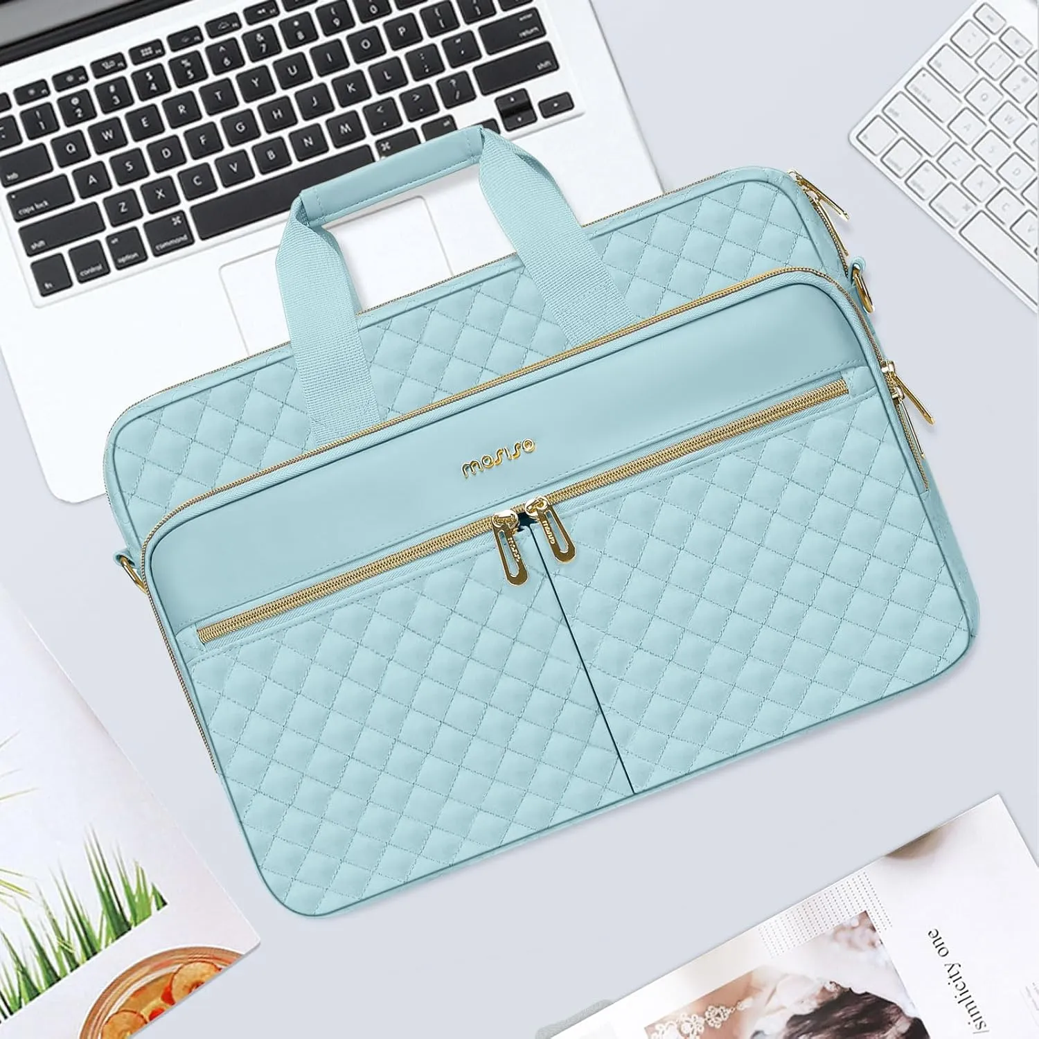 MOSISO 13-13.3 inch Laptop Bag, Briefcase for Women&Men, 14 inch Square Quilted Computer Messenger Bag Office Travel Business with 3 Pockets&Strap, Ice Blue
