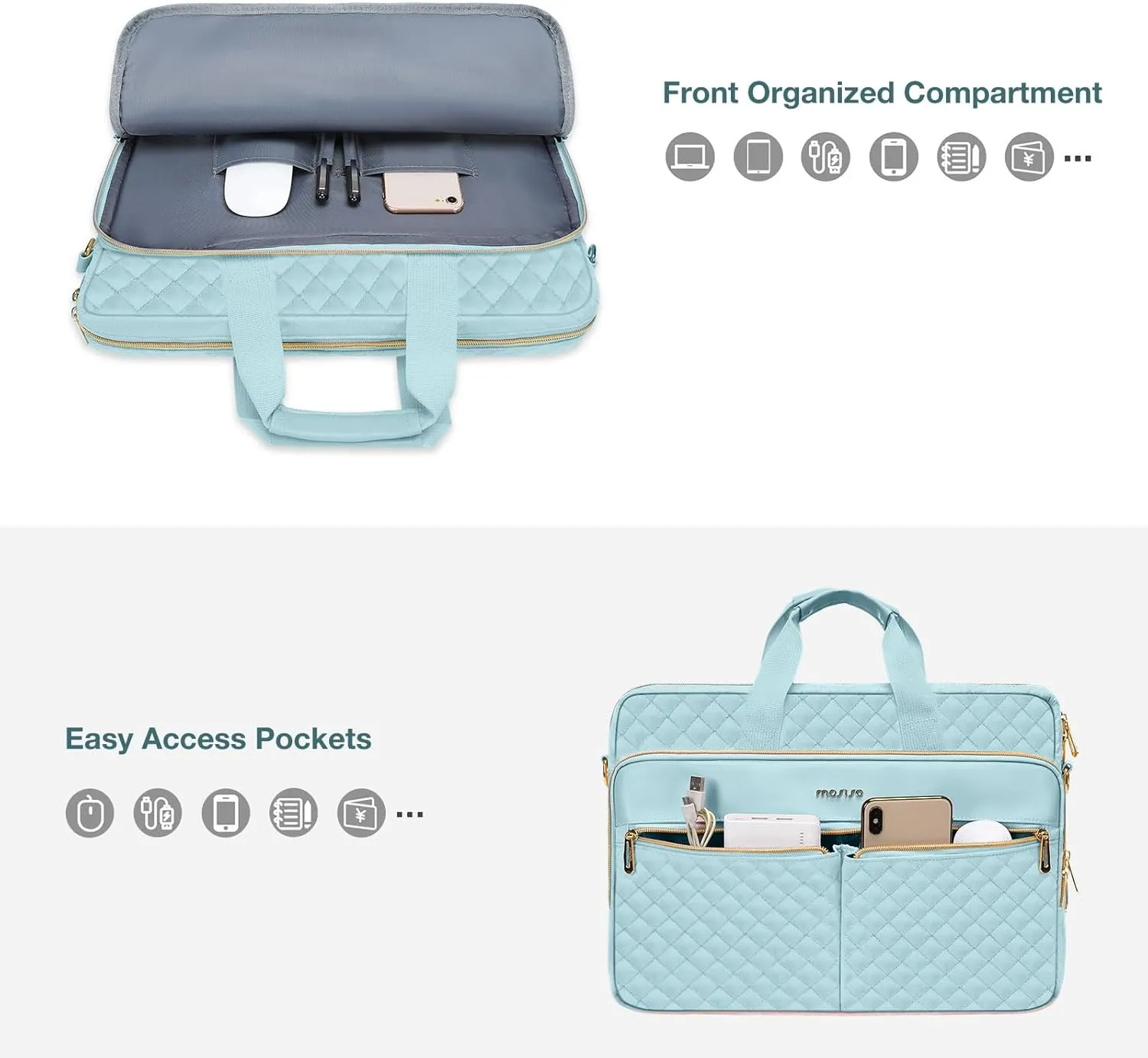 MOSISO 13-13.3 inch Laptop Bag, Briefcase for Women&Men, 14 inch Square Quilted Computer Messenger Bag Office Travel Business with 3 Pockets&Strap, Ice Blue