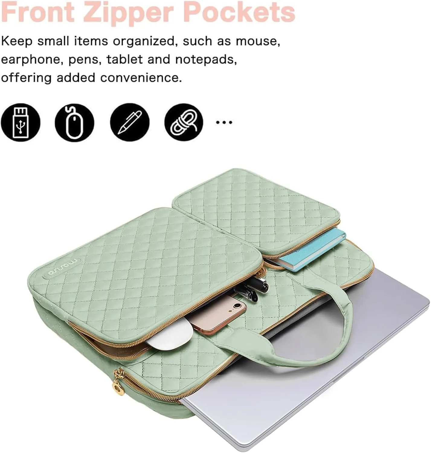 MOSISO 360 Protective Laptop Case 13.3 inch, 13-14 inch Laptop Sleeve Compatible with MacBook Air/Pro 13/Pro 14, HP Dell ASUS Lenovo, Square Quilted Bag Cover with 2 Pockets&Handle&Belt, Sage Green