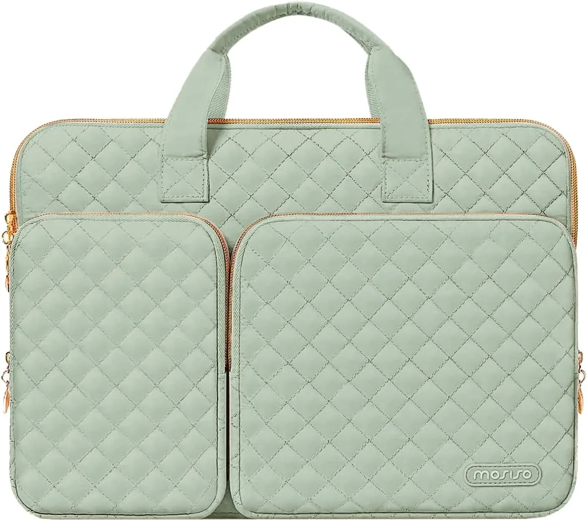 MOSISO 360 Protective Laptop Case 13.3 inch, 13-14 inch Laptop Sleeve Compatible with MacBook Air/Pro 13/Pro 14, HP Dell ASUS Lenovo, Square Quilted Bag Cover with 2 Pockets&Handle&Belt, Sage Green
