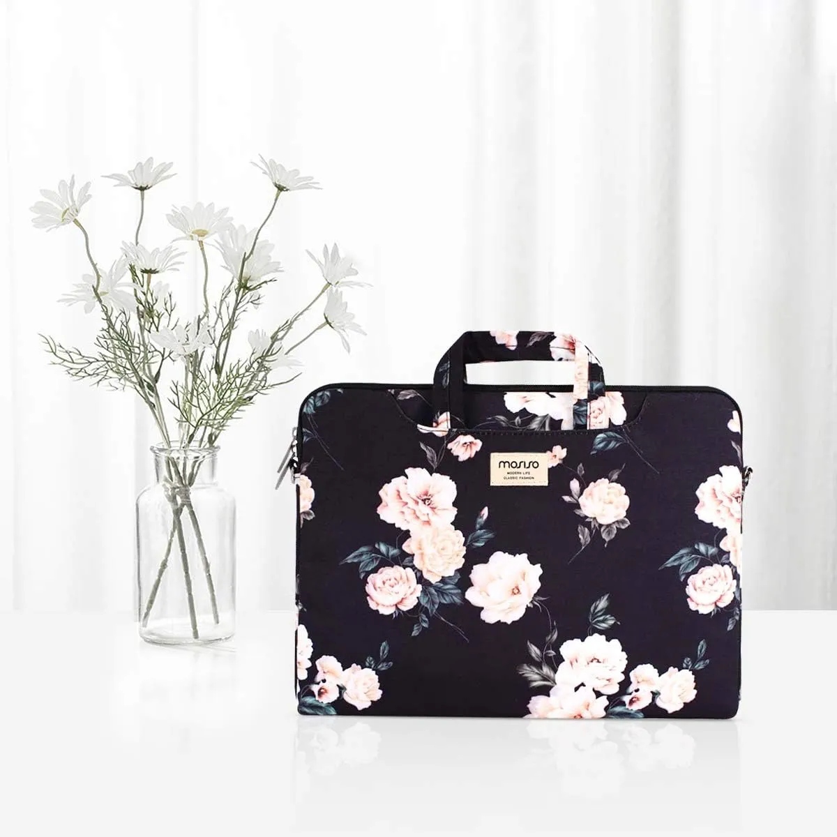 MOSISO Laptop Shoulder Bag Compatible with MacBook Air/Pro, 13-13.3 inch Notebook, Camellia Carrying Sleeve with Belt, Black
