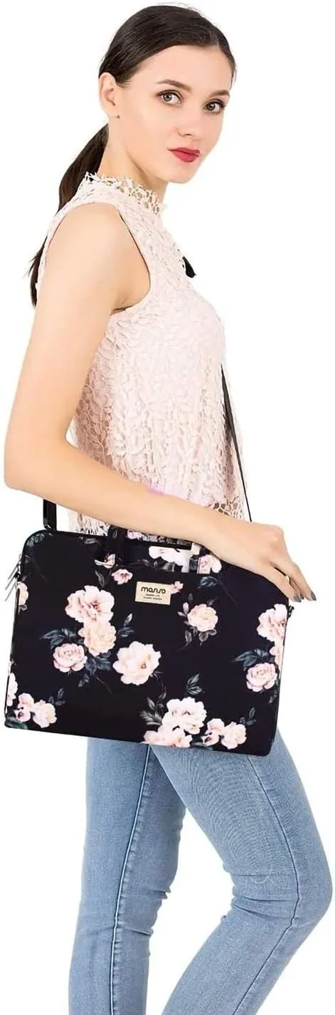 MOSISO Laptop Shoulder Bag Compatible with MacBook Air/Pro, 13-13.3 inch Notebook, Camellia Carrying Sleeve with Belt, Black