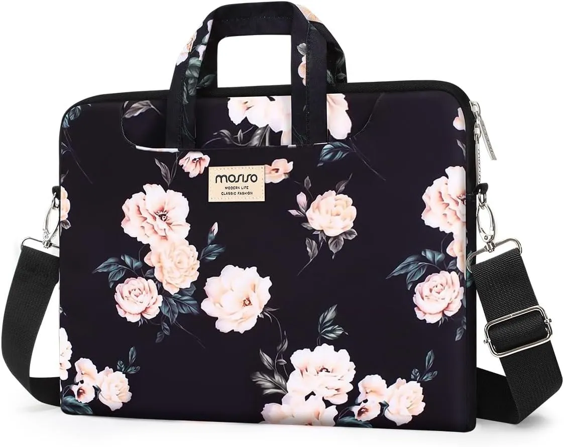 MOSISO Laptop Shoulder Bag Compatible with MacBook Air/Pro, 13-13.3 inch Notebook, Camellia Carrying Sleeve with Belt, Black