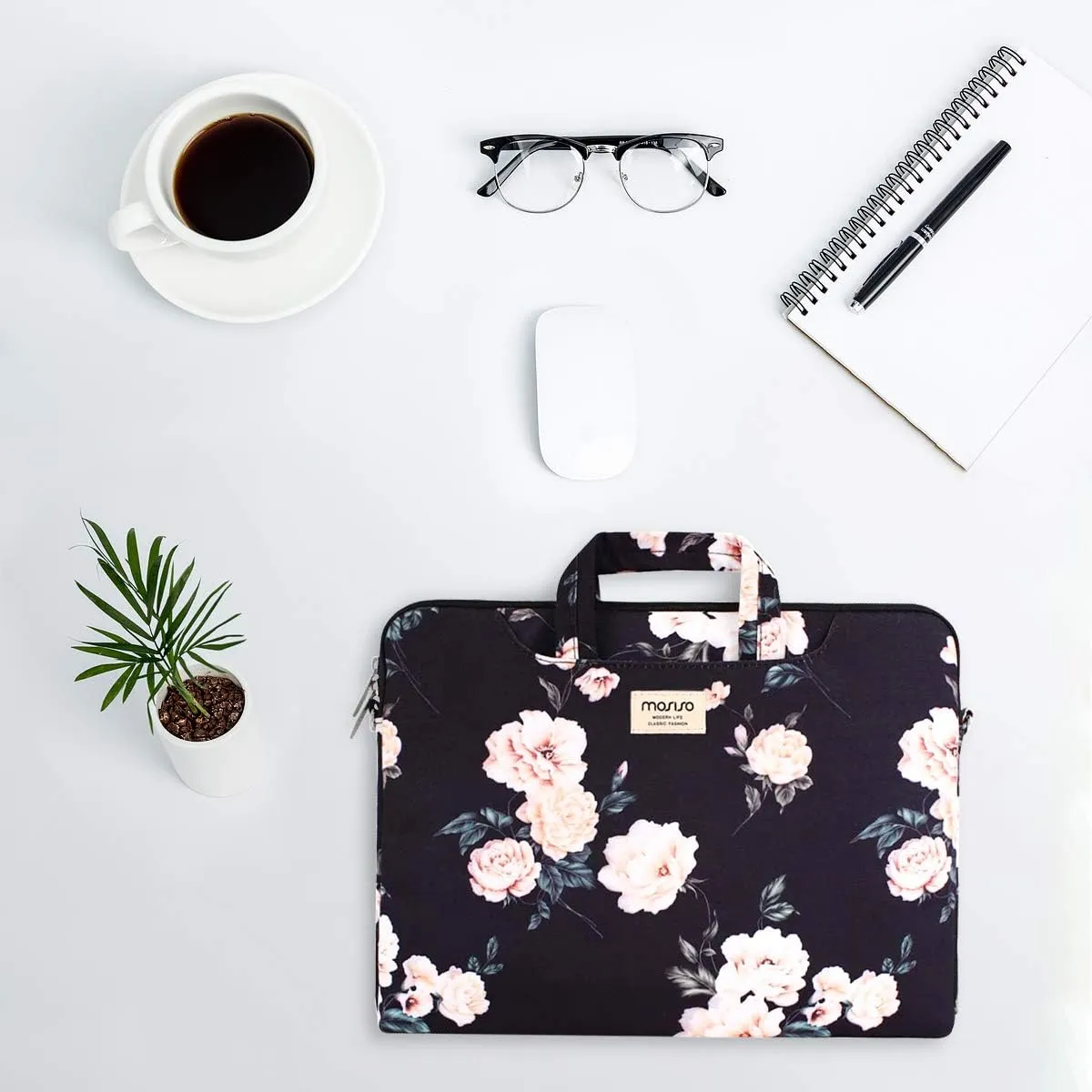 MOSISO Laptop Shoulder Bag Compatible with MacBook Air/Pro, 13-13.3 inch Notebook, Camellia Carrying Sleeve with Belt, Black