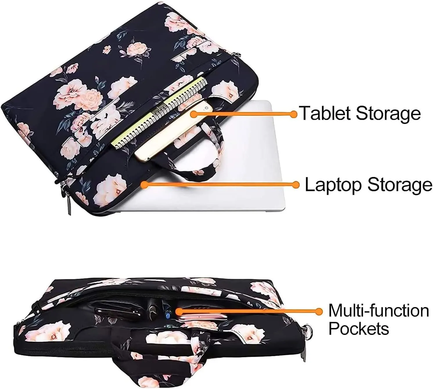 MOSISO Laptop Shoulder Bag Compatible with MacBook Air/Pro, 13-13.3 inch Notebook, Camellia Carrying Sleeve with Belt, Black