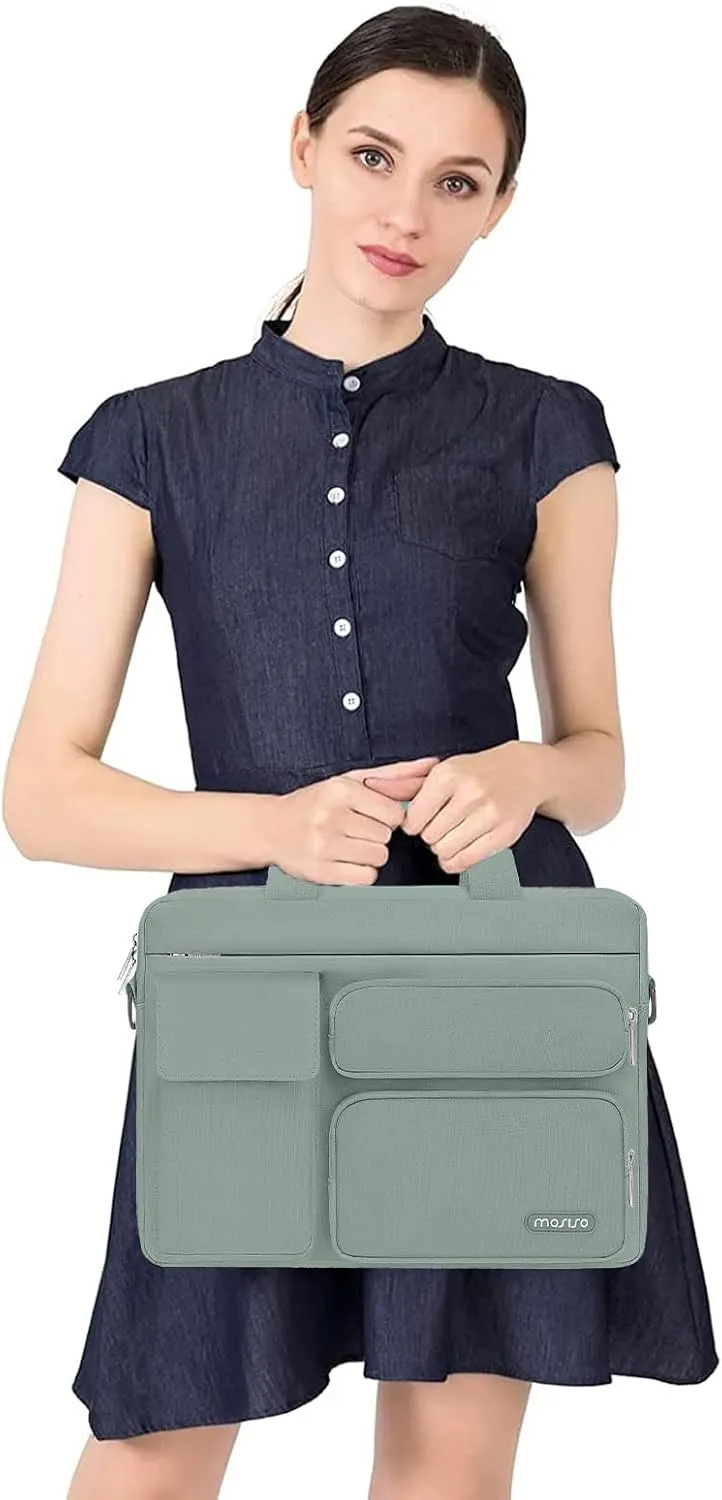 MOSISO Laptop Shoulder Bag Compatible with MacBook Air/Pro,13-13.3 inch Notebook,Compatible with MacBook Pro 14 inch M4 M3 M2 M1 with 2 Raised&1 Flapover&1 Horizontal Pocket&Handle&Belt, Antique Green