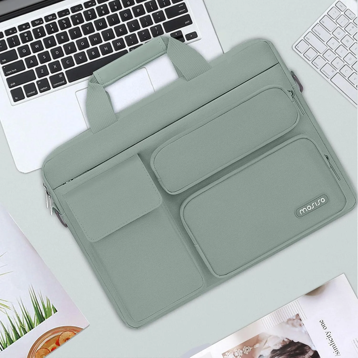 MOSISO Laptop Shoulder Bag Compatible with MacBook Air/Pro,13-13.3 inch Notebook,Compatible with MacBook Pro 14 inch M4 M3 M2 M1 with 2 Raised&1 Flapover&1 Horizontal Pocket&Handle&Belt, Antique Green