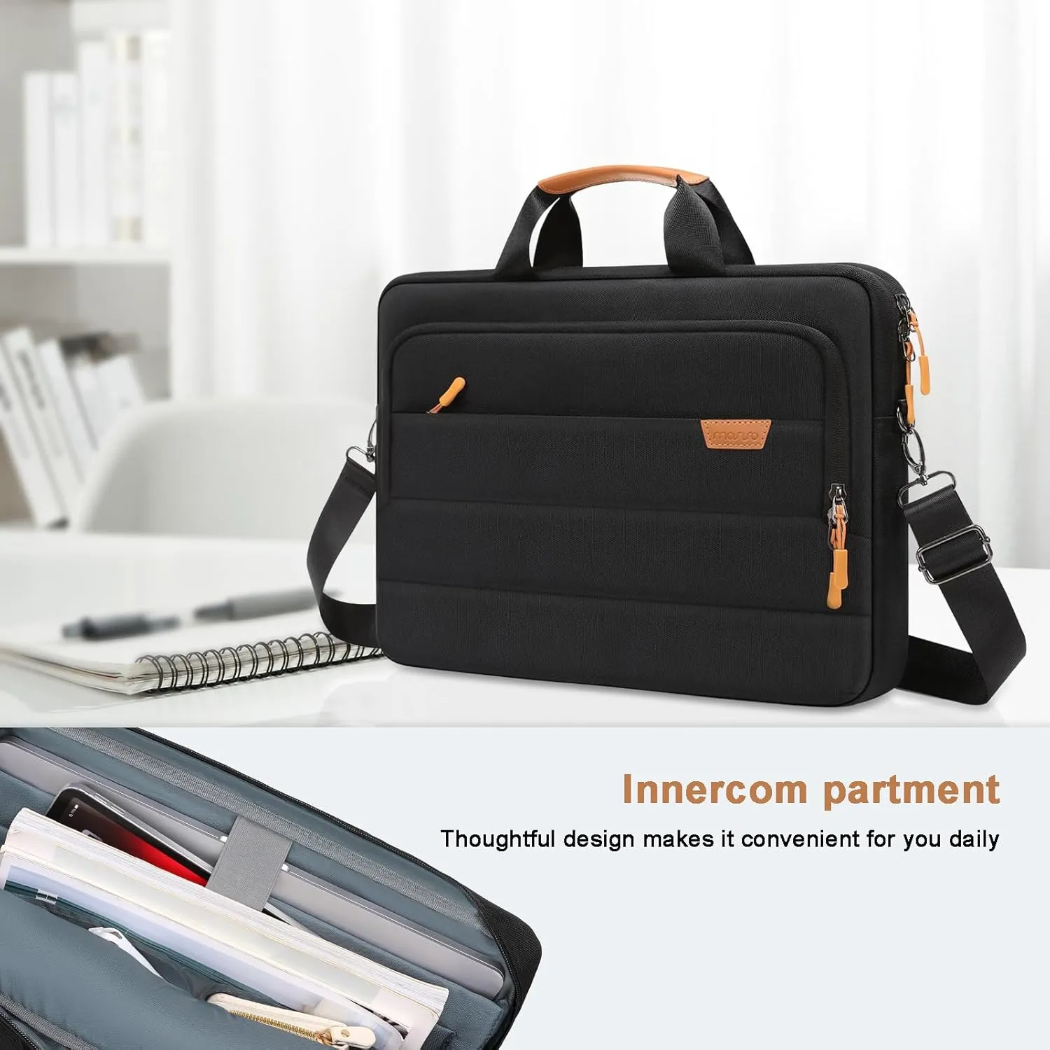MOSISO Laptop Shoulder Messenger Bag, 15-15.6 inch Computer Bag Compatible with MacBook Pro 16 inch, HP, Dell, Lenovo, Asus Notebook, Briefcase with Front Rectangle&Horizontal Pockets&Belt, Black