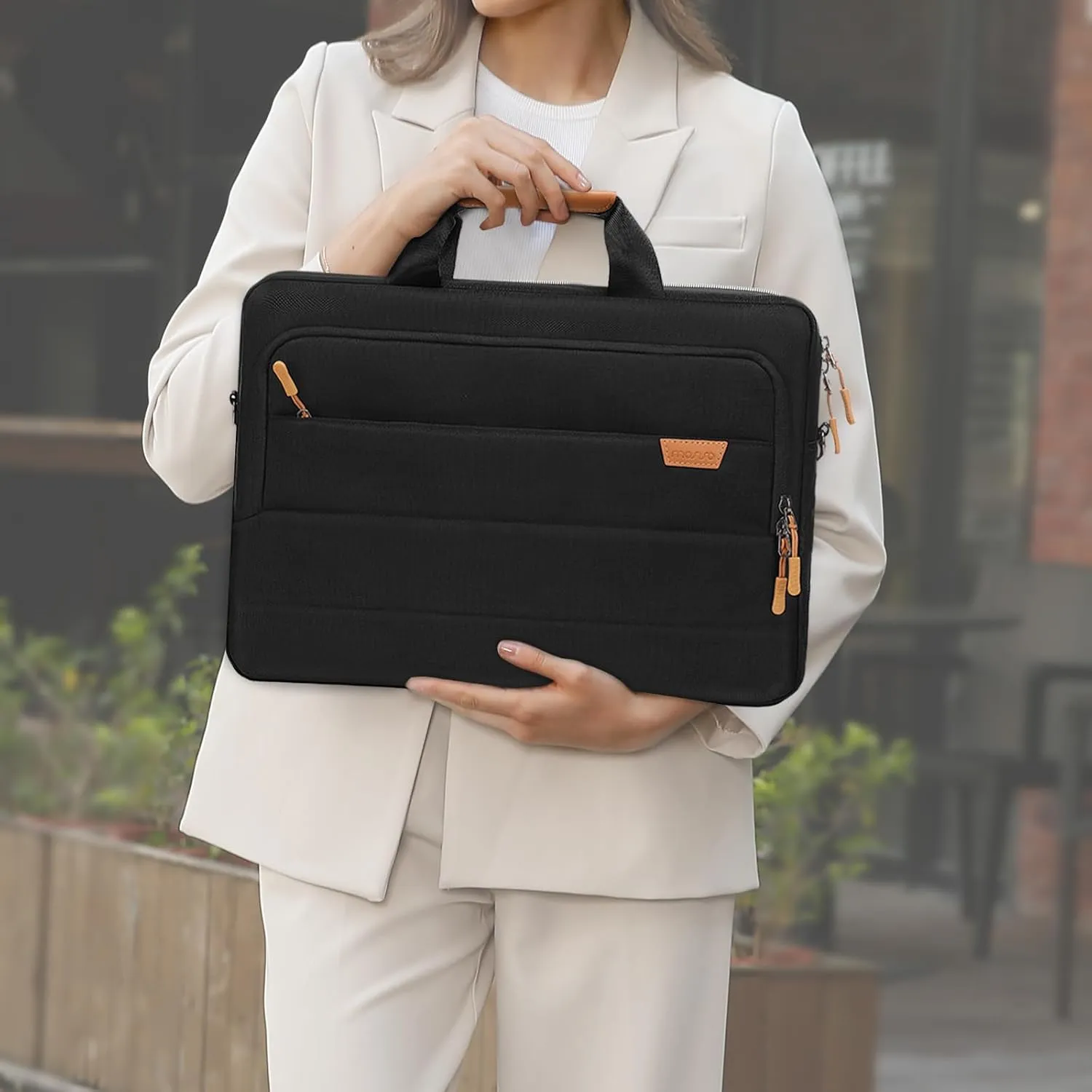MOSISO Laptop Shoulder Messenger Bag, 15-15.6 inch Computer Bag Compatible with MacBook Pro 16 inch, HP, Dell, Lenovo, Asus Notebook, Briefcase with Front Rectangle&Horizontal Pockets&Belt, Black